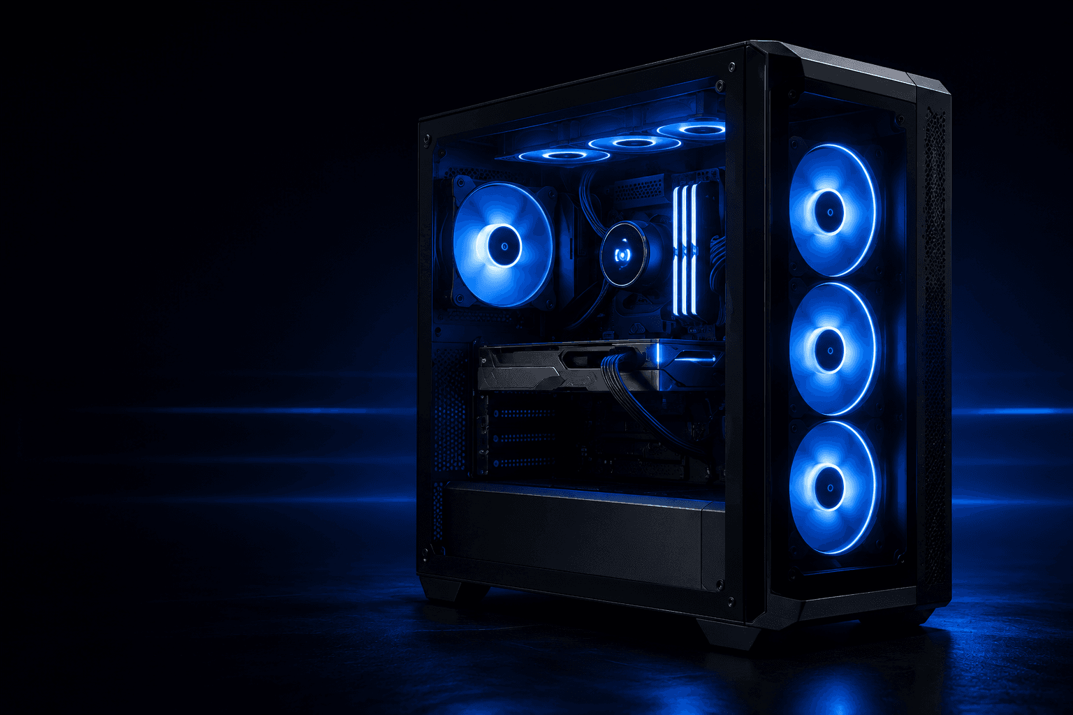 Custom black gaming PC with blue RGB lighting